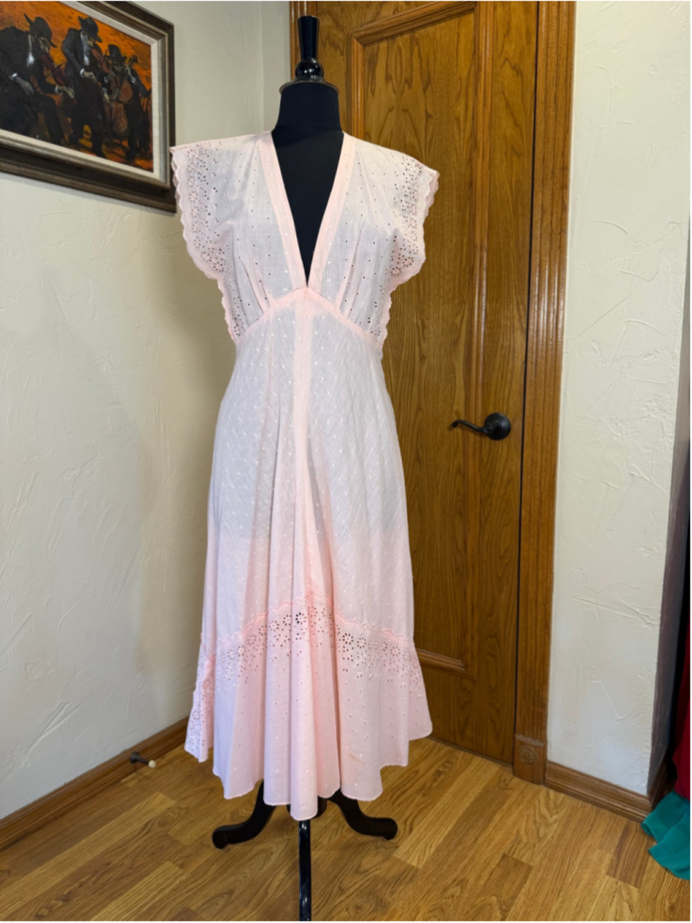 Vintage 70s Arjon California Pink Cotton Eyelet Maxi Dress - Picture 3 of 16